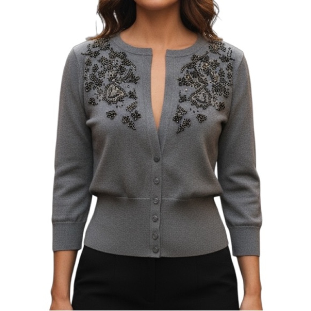 NWT Talbots Classic Gray Silk Blend Plunging Floral Beaded Buttons Cardigan